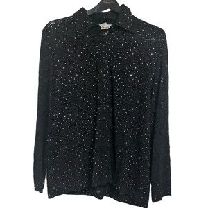 Exclusively Misook Black Sheer Lace Knit Rhinestone Button Down Top XL Vintage
